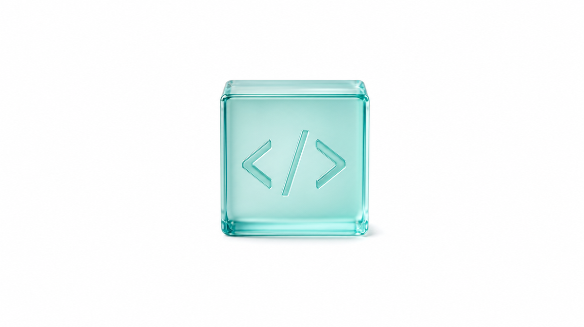 Translucent glass cube engraved with code brackets