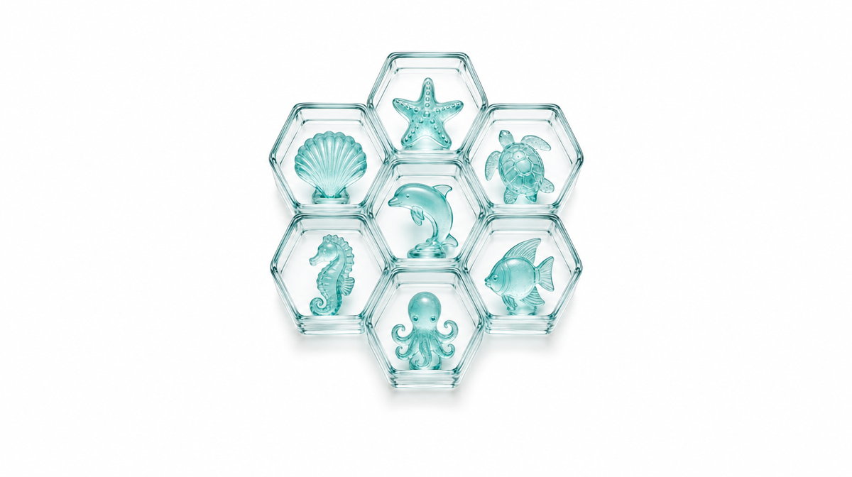 Translucent glass honeycomb grid with a distinct small glass figure in each pod